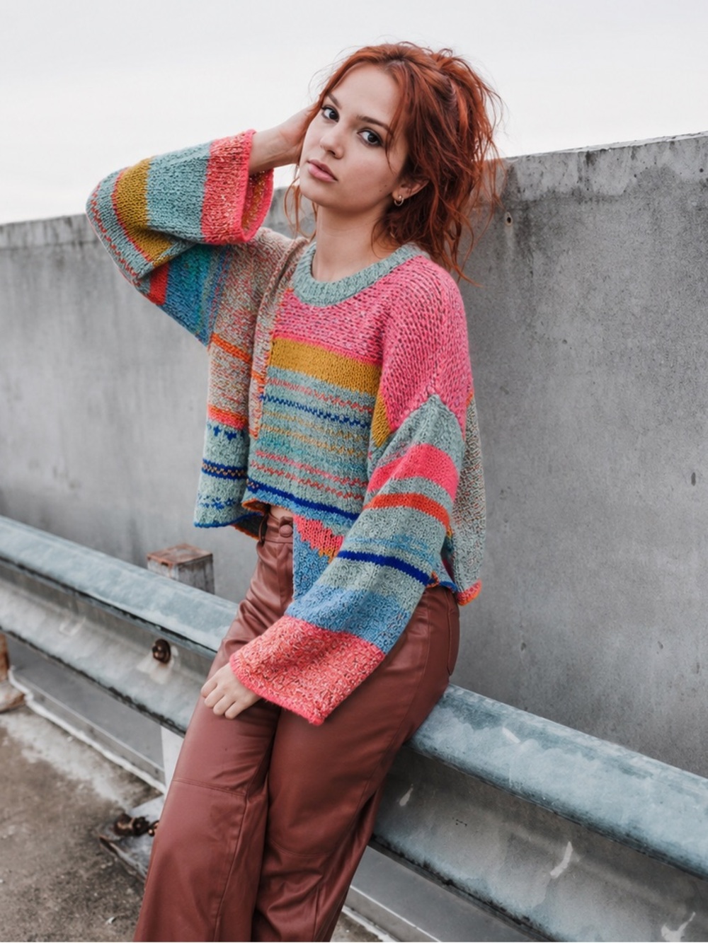 Moon & Madison Patchwork Cropped Knit Sweater Medium Distressed Boho